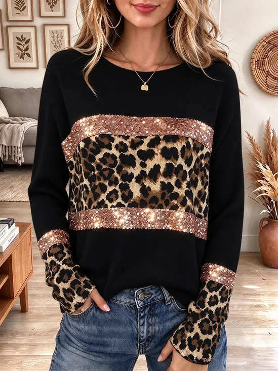 Casual Color Block Crew Neck Long Sleeve T-shirt