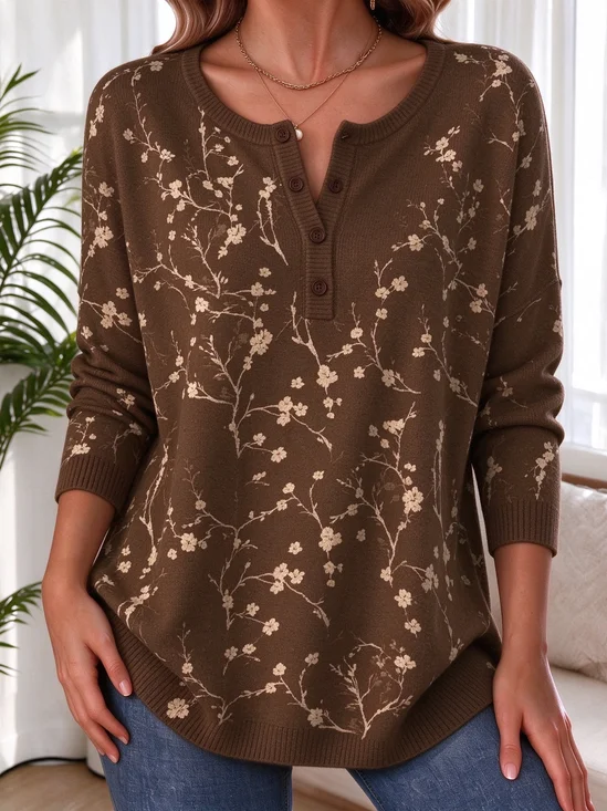 Casual Floral Henley Collar Long Sleeve T-shirt