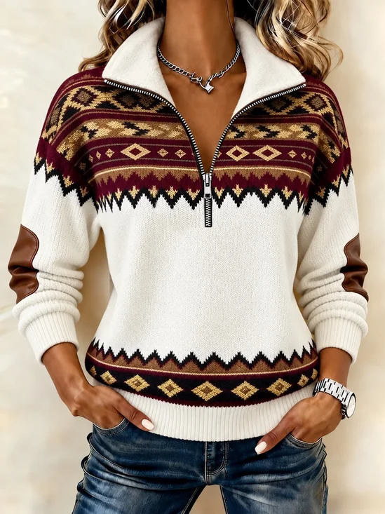 Casual Geometric Half Open Collar Long Sleeve Sweatshirt