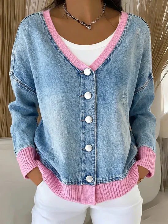 Women Faux Denim Print Graphic Long Sleeve Comfy Casual Cardigan