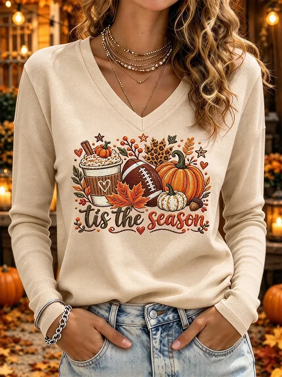 Casual Maple Leaf V Neck Long Sleeve T-shirt