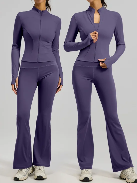 Women Plain Zipper Two-Piece Set Daily Long Sleeve Casual Spring/Fall Top With Pants Matching Set