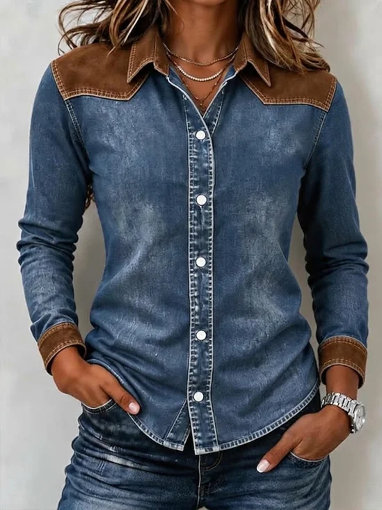 Women Faux Denim Print Graphic Casual Shirt Shirt Collar Long Sleeve Buckle Top