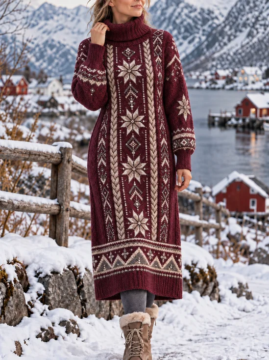 Women Geometric Spring/Fall Printing Dress Turtleneck Long Sleeve Shift Dress H-Line Dress