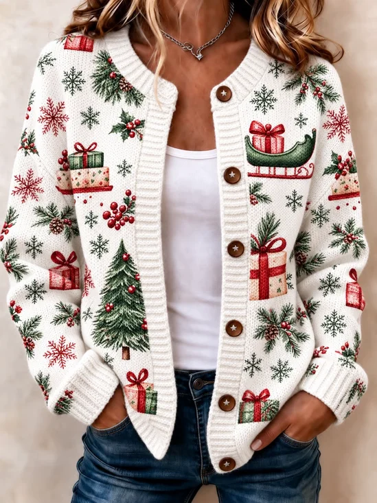 Women Christmas Long Sleeve Comfy Vintage Printing Cardigan