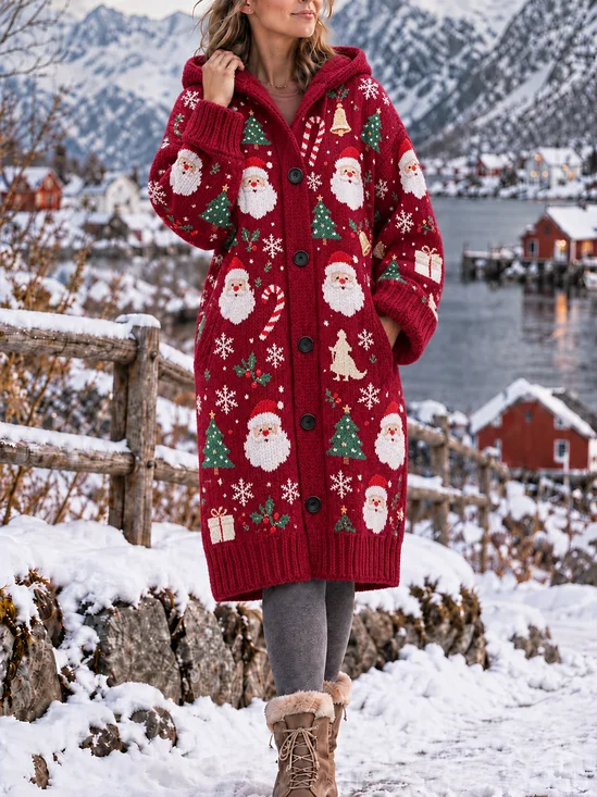 Women Wool/Knitting Santa Claus Long Sleeve Comfy Casual Buckle Cardigan