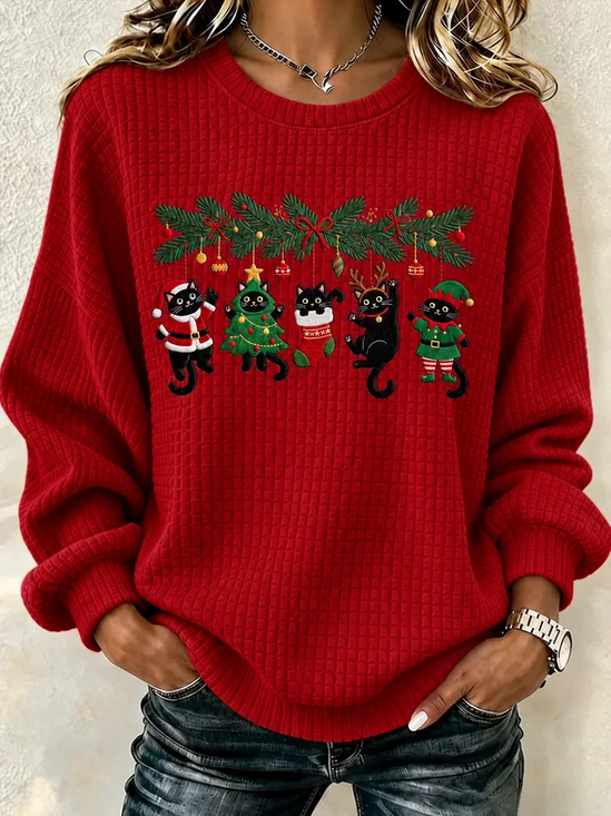 Casual Christmas Henley Collar Long Sleeve Sweatshirt