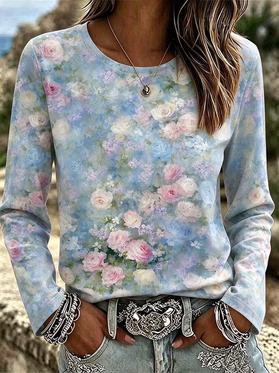 Casual Floral Crew Neck Long Sleeve T-shirt