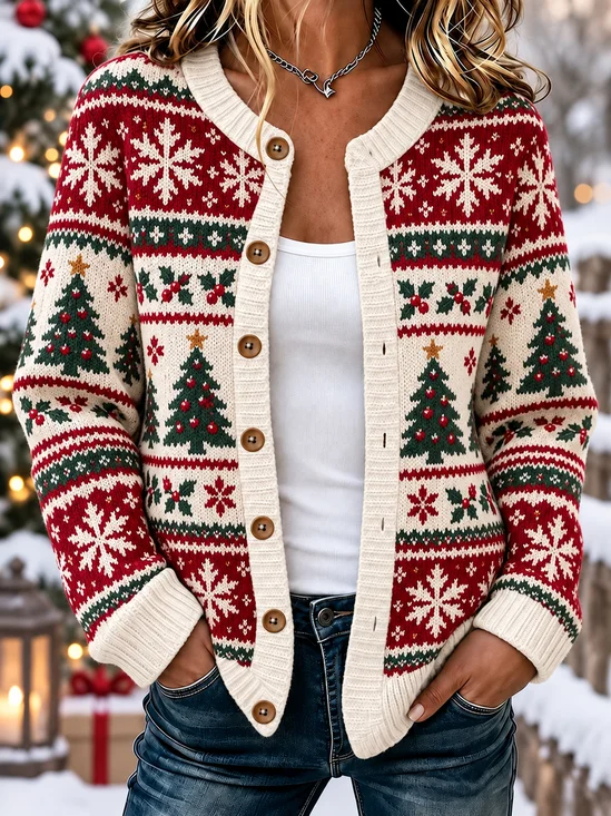 Women Snowflake Long Sleeve Comfy Casual Printing Cardigan