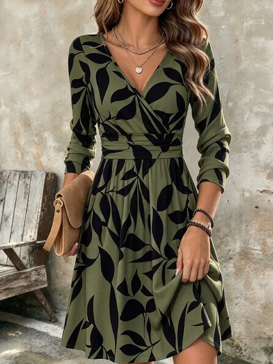 Women Floral Spring/Fall Dress V Neck Long Sleeve Fit & Flare Dress A-Line Dress