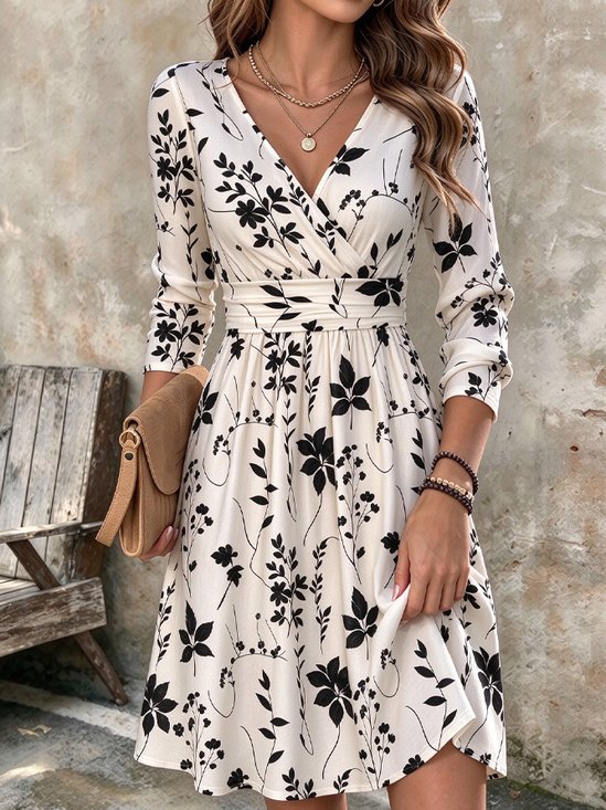 Women Floral Spring/Fall Dress V Neck Long Sleeve Fit & Flare Dress A-Line Dress