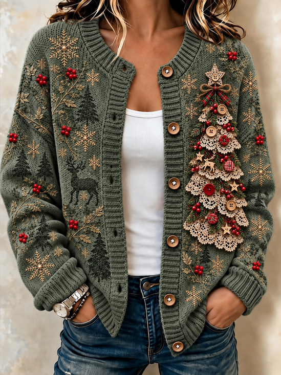Women Snowflake Long Sleeve Comfy Vintage Cardigan