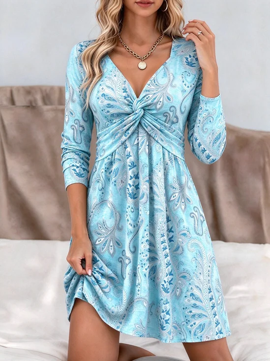 Women Paisley Spring/Fall Dress V Neck Long Sleeve Fit & Flare Dress A-Line Dress