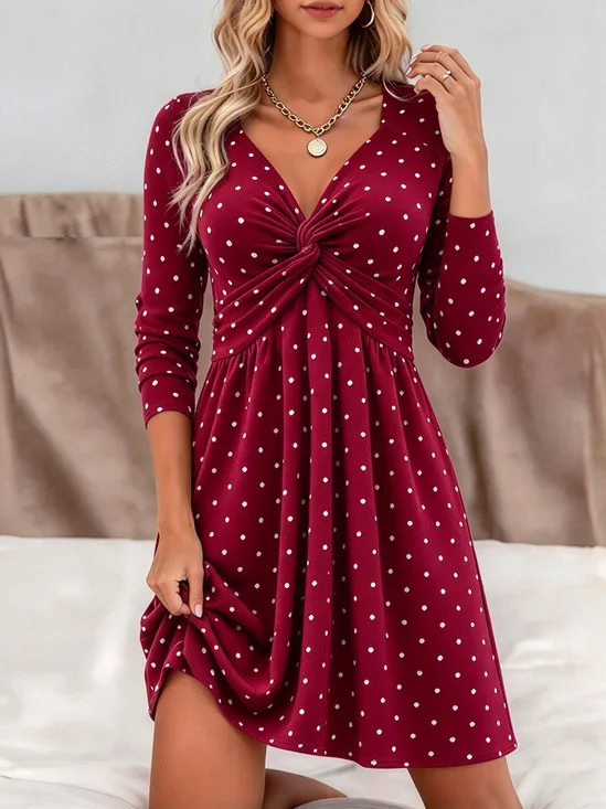 Women Polka Dots Spring/Fall Dress V Neck Long Sleeve Fit & Flare Dress A-Line Dress