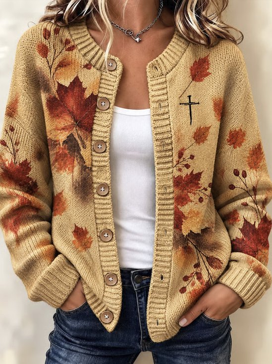Women Maple Leaf Long Sleeve Comfy Vintage Cardigan