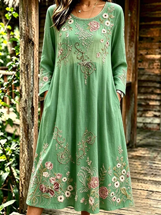 Women Floral Spring/Fall Dress Crew Neck Long Sleeve Linen H-Line Dress