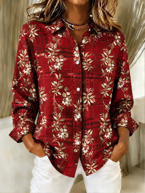 Women Floral Pattern Vintage Shirt Shirt Collar Long Sleeve Top
