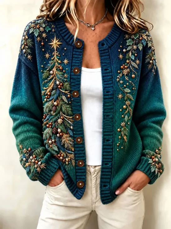 Women Christmas Tree Long Sleeve Comfy Vintage Cardigan