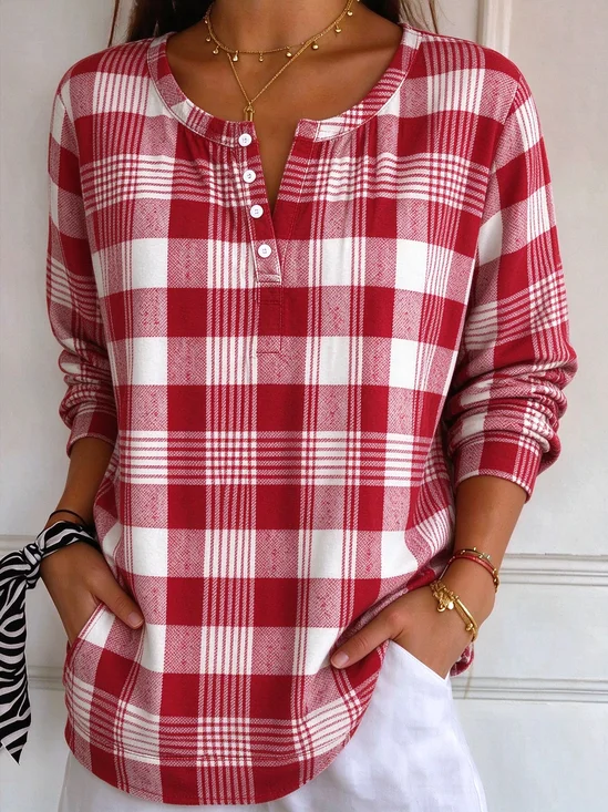 Vintage Plaid Henley Collar Long Sleeve T-shirt