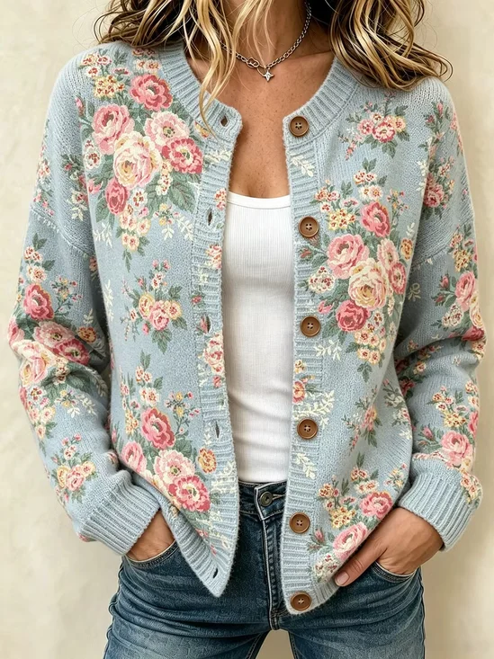 Women Floral Long Sleeve Comfy Vintage Printing Cardigan
