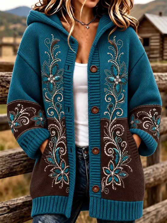 Women Wool/Knitting Floral Long Sleeve Comfy Casual Buckle Cardigan