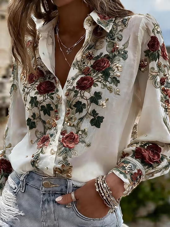 Women Floral Casual Shirt Shirt Collar Long Sleeve Buckle Top