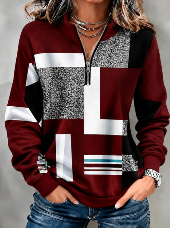 Casual Abstract Shawl Collar Long Sleeve Sweatshirt