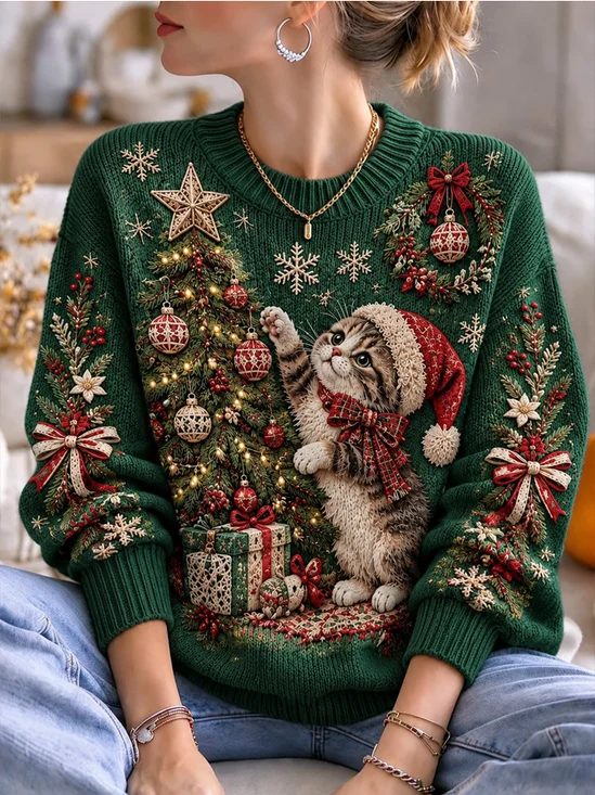 Women Cat Long Sleeve Comfy Casual Sweater