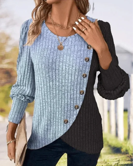 Slim Fit Round Neck Color Matching Ribbed Cross Hem Long Sleeve Spring And Autumn Knitted Commuter T-Shirt Top
