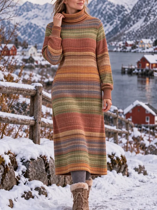 Women Abstract Stripes Spring/Fall Dress Turtleneck Long Sleeve Shift Dress H-Line Dress