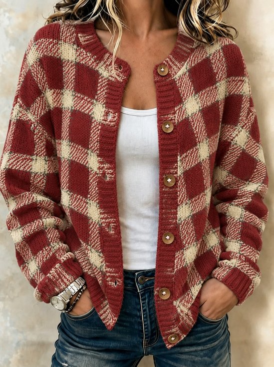 Women Plaid Long Sleeve Comfy Vintage Cardigan