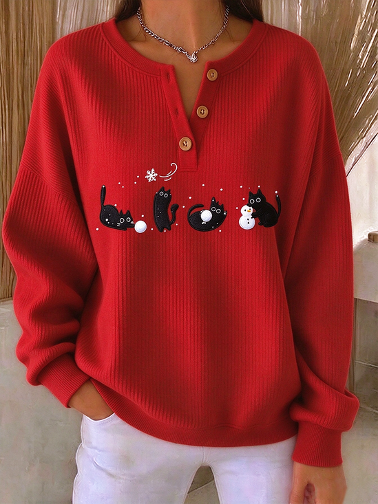 Vintage Christmas Snowman Henley Collar Long Sleeve Sweatshirt