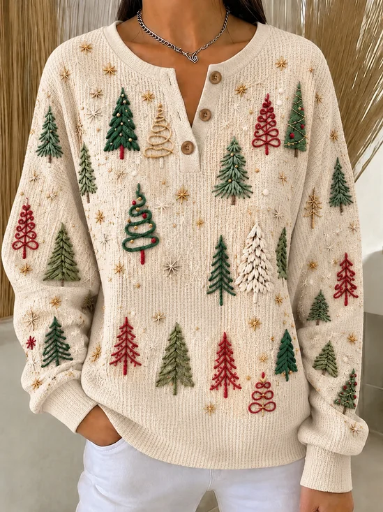 Vintage Christmas Henley Collar Long Sleeve Sweatshirt
