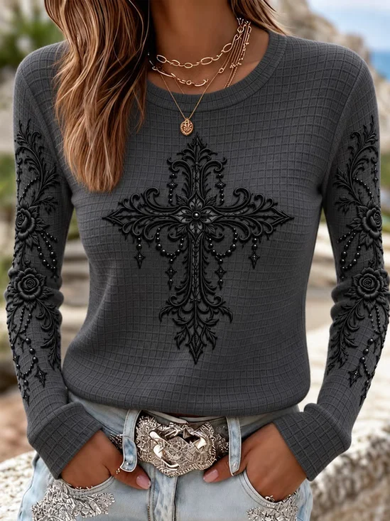 Vintage Floral Crew Neck Long Sleeve T-shirt