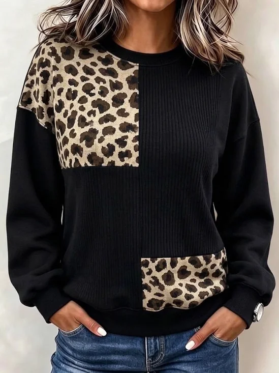 Casual Leopard Crew Neck Long Sleeve Sweatshirt