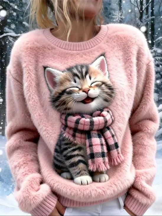 Casual Cat Crew Neck Long Sleeve Sweatshirt