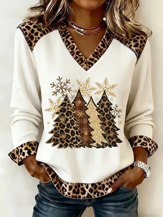 Vintage Leopard V Neck Long Sleeve Sweatshirt