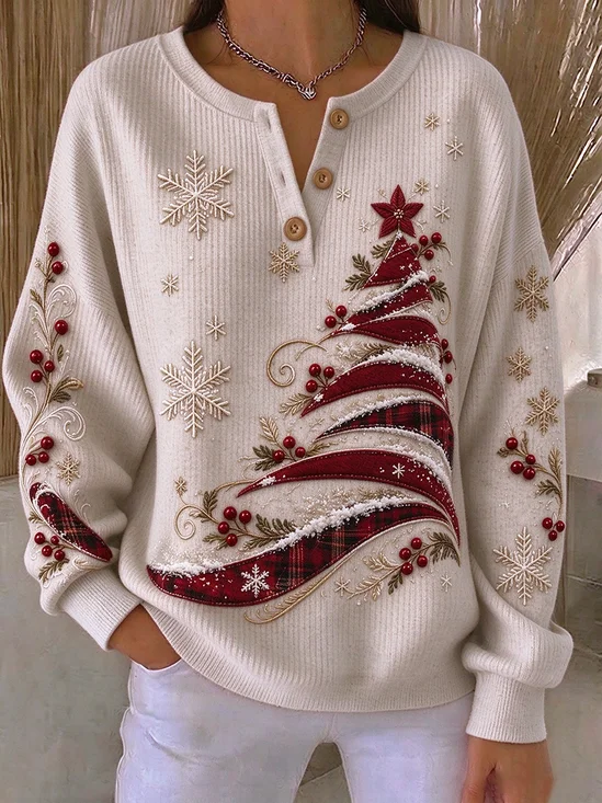 Vintage Christmas Henley Collar Long Sleeve Sweatshirt