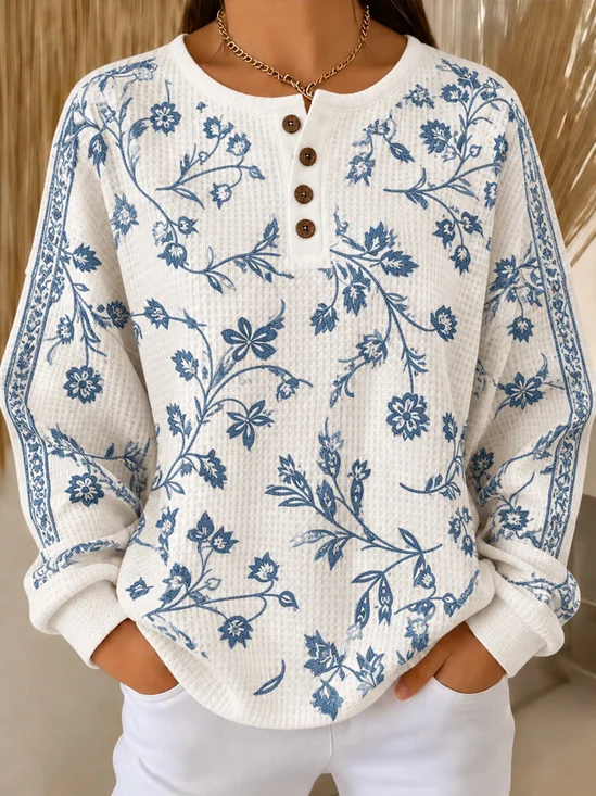 Casual Floral Henley Collar Long Sleeve Sweatshirt