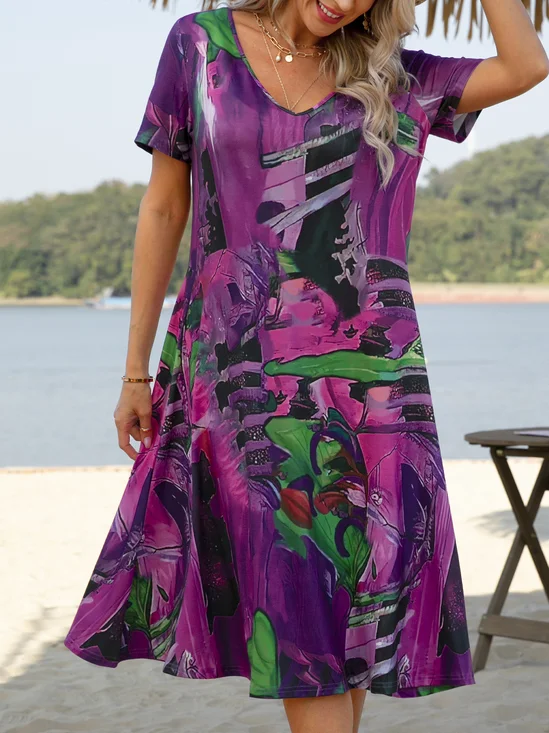 Boho Printed V Neck Floral Weaving Dress