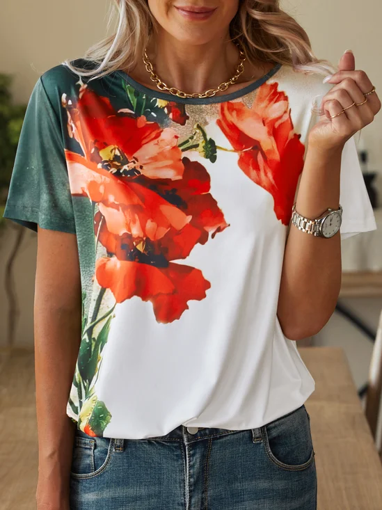 Floral Crew Neck Casual Short Sleeve T-Shirt