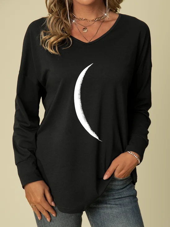 Moon Printed V Neck Casual Long Sleeve Shift Tunic Tops