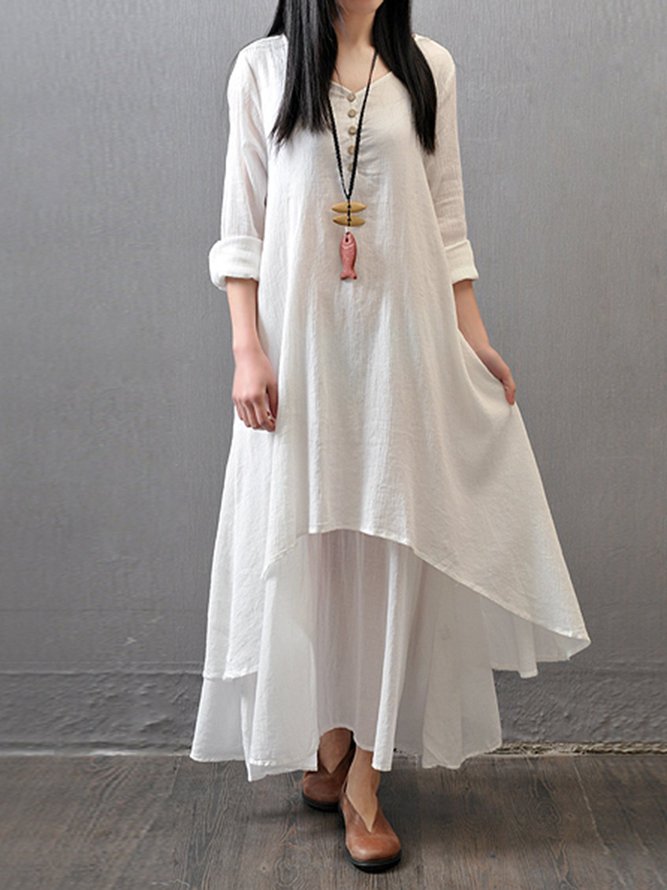 Plus Size Crew Neck Women Dress Asymmetrical Daytime Solid Linen Maxi ...