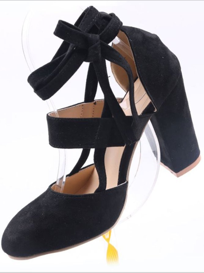 Suede Round Toe Lace Up Chunky Heel Pumps | noracora