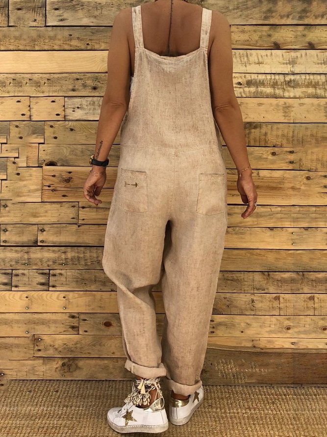 Women Basic Solid Casual Linen Comfortable Jumpsuit Overalls noracora