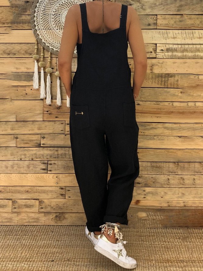 Women Basic Solid Casual Linen Comfortable Jumpsuit Overalls noracora