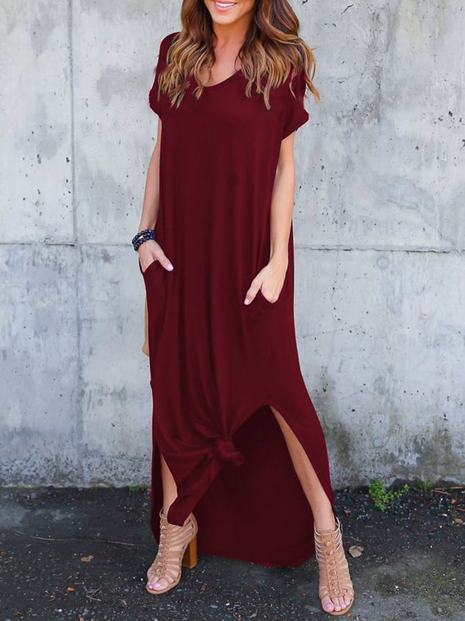 Casual Solid Slit Short Sleeve Crew Neck Maxi Dress Noracora 8731