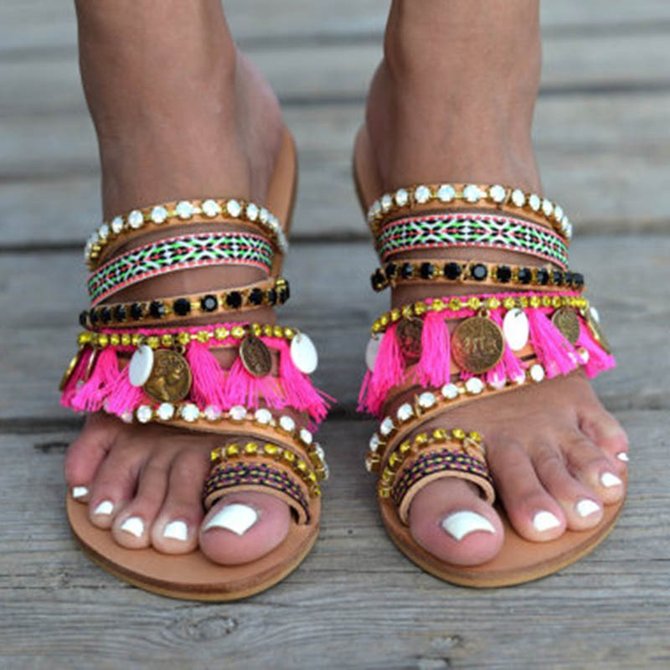 Handmade Women Sandals Tassel Flat Holiday Sandals with Beading | noracora