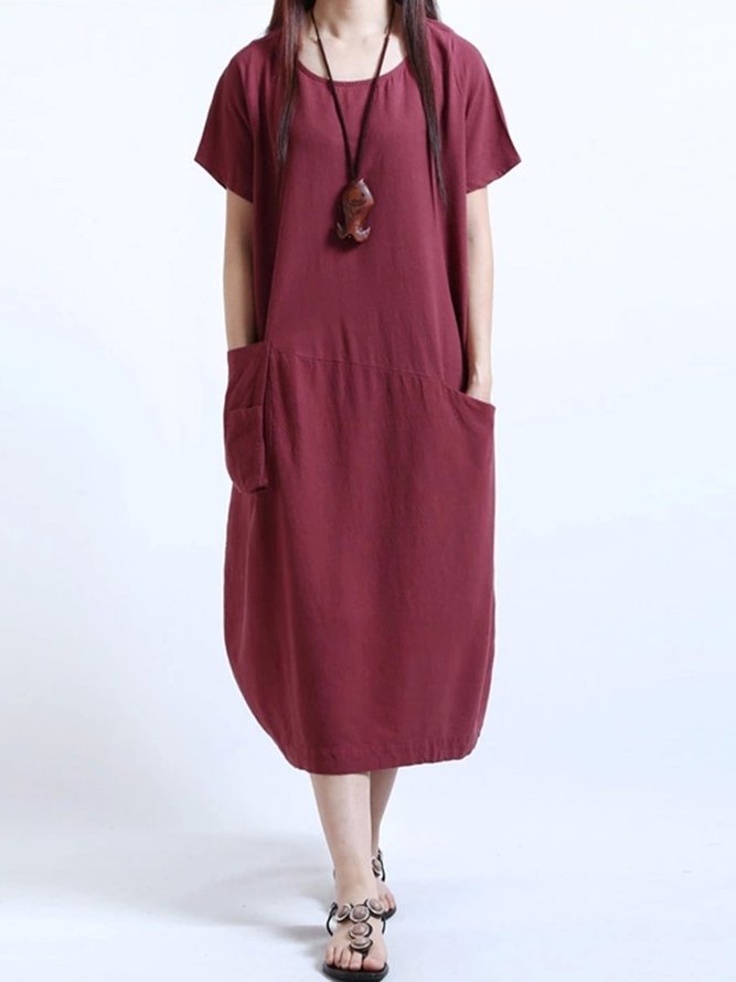 Round Neck Patch Pocket Plain Cotton/Linen Maxi Plus Size Dress | noracora