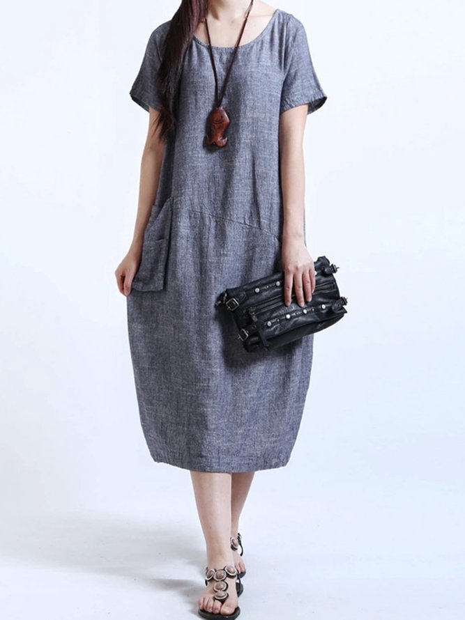 Round Neck Patch Pocket Plain Cotton/Linen Maxi Dress | noracora